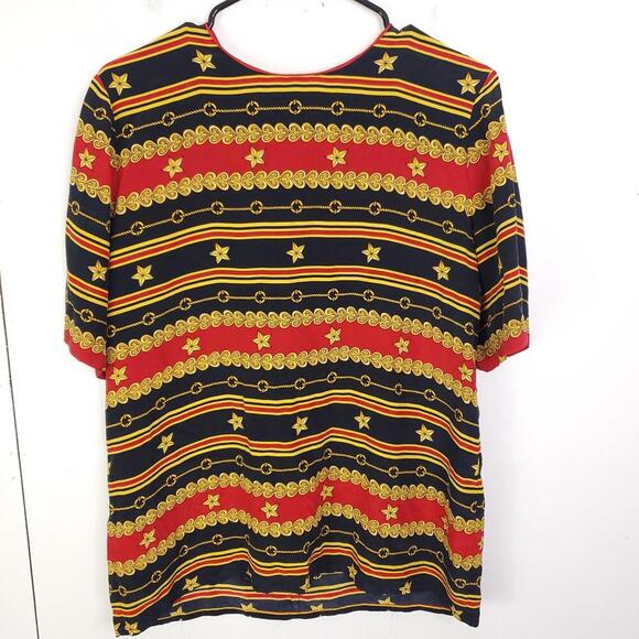 Peter Nygard Top Womens 10 Navy Red Striped Stars Lightweight Chains Equestrian - Picture 1 of 10